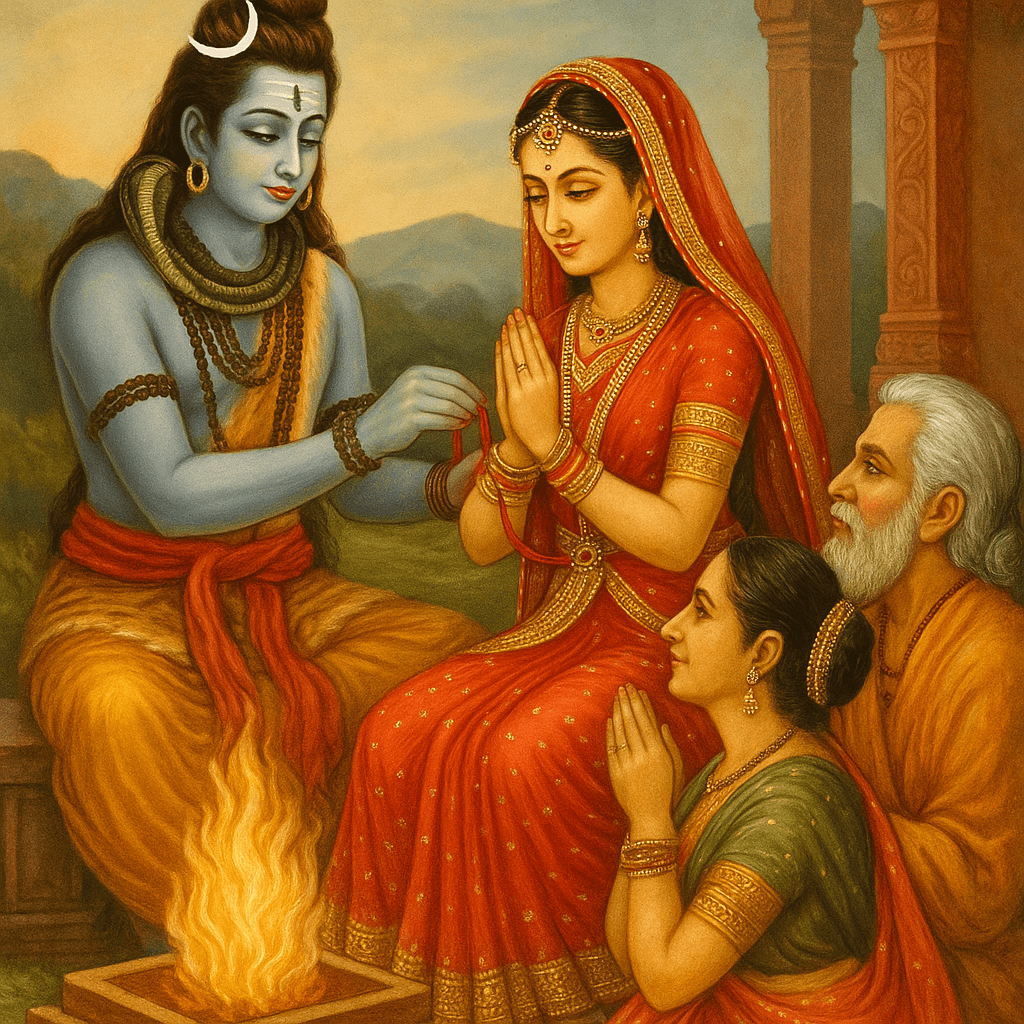 Mata Parvati: Janm, Jeevan aur Unki Adbhut Kathayen – Ek Poorn Kahani 6 Lord Shiva tying sacred thread to Goddess Parvati during their divine wedding ceremony, with fire yajna and family elders in the background