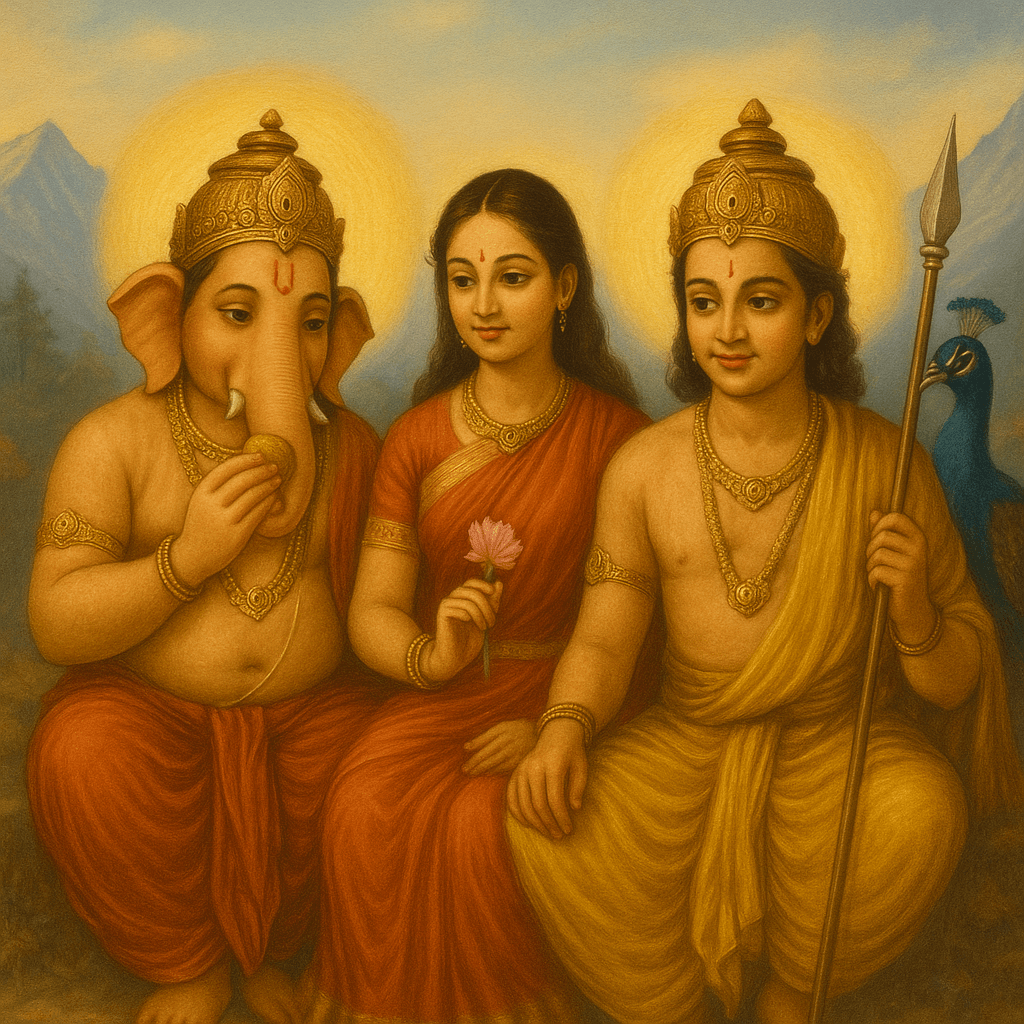 Mata Parvati: Janm, Jeevan aur Unki Adbhut Kathayen – Ek Poorn Kahani 5 Goddess Parvati sitting with her sons Lord Ganesha eating modak and Lord Kartikeya holding spear with peacock in background