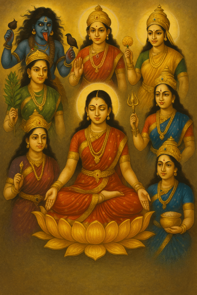 Mata Parvati: Janm, Jeevan aur Unki Adbhut Kathayen – Ek Poorn Kahani 3 Mata Parvati in meditation on lotus surrounded by her powerful Shakti roop avatars including Kali, Durga, and other divine forms in traditional Hindu art