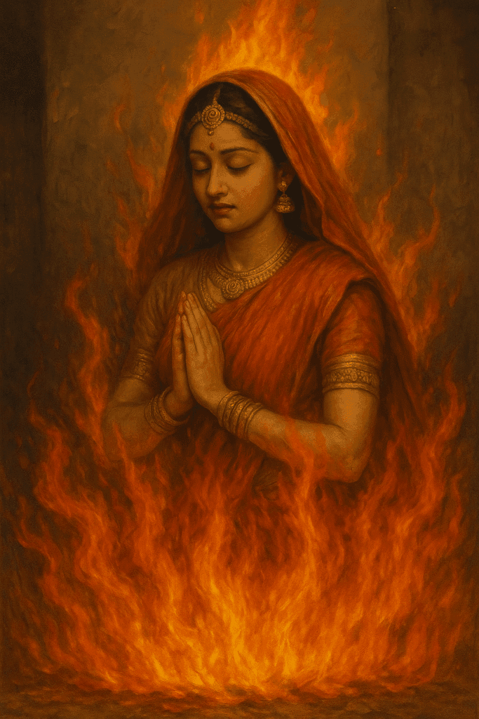 Mata Parvati: Janm, Jeevan aur Unki Adbhut Kathayen – Ek Poorn Kahani 13 Mata Parvati standing in sacred fire with folded hands during intense tapasya, symbol of devotion and sacrifice.