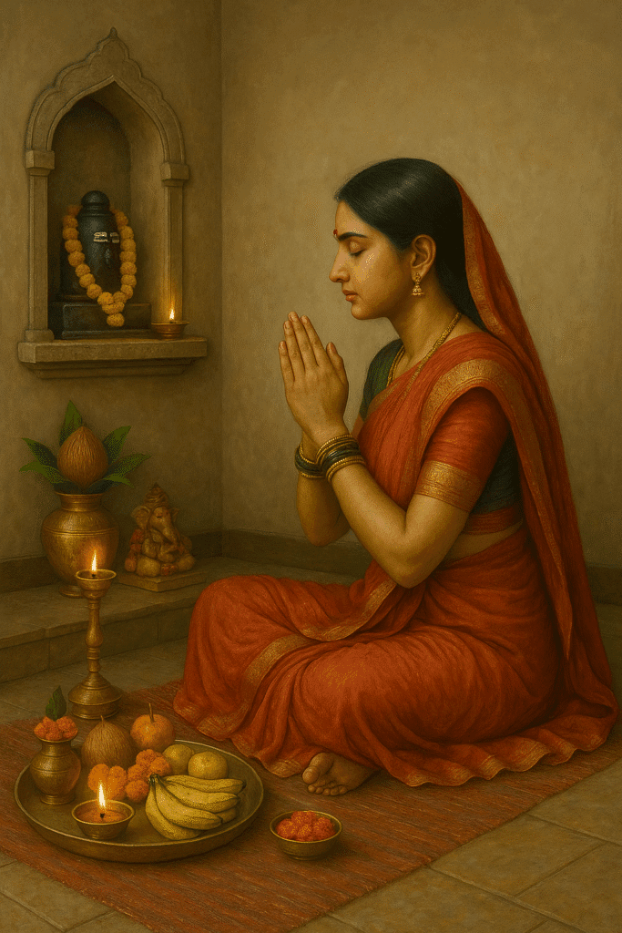 Mata Parvati: Janm, Jeevan aur Unki Adbhut Kathayen – Ek Poorn Kahani 10 A devotee woman offering prayer in front of Shivling with full puja setup, showing spiritual devotion.
