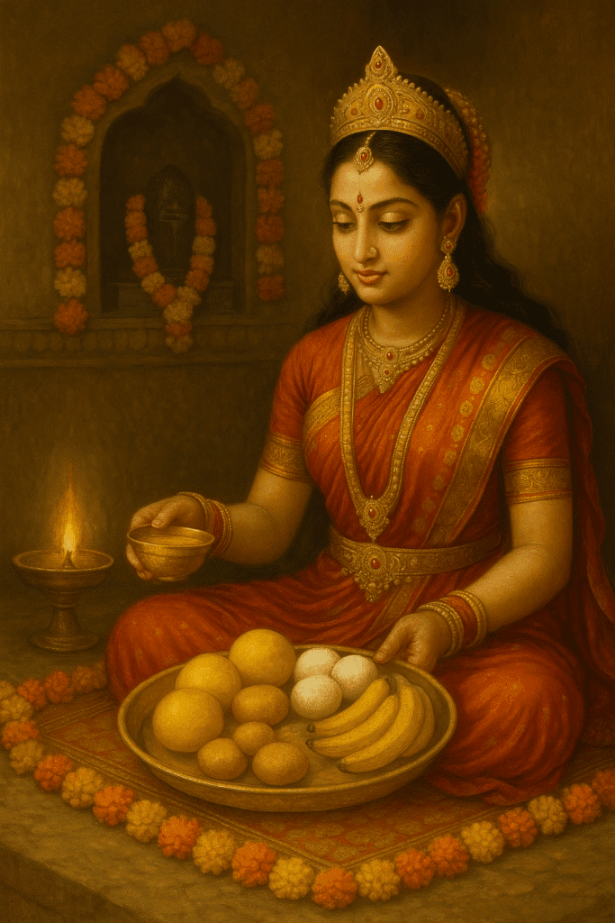 Mata Parvati: Janm, Jeevan aur Unki Adbhut Kathayen – Ek Poorn Kahani 9 Mata Parvati performing puja in temple with prasad plate and diya, offering devotion with traditional attire.