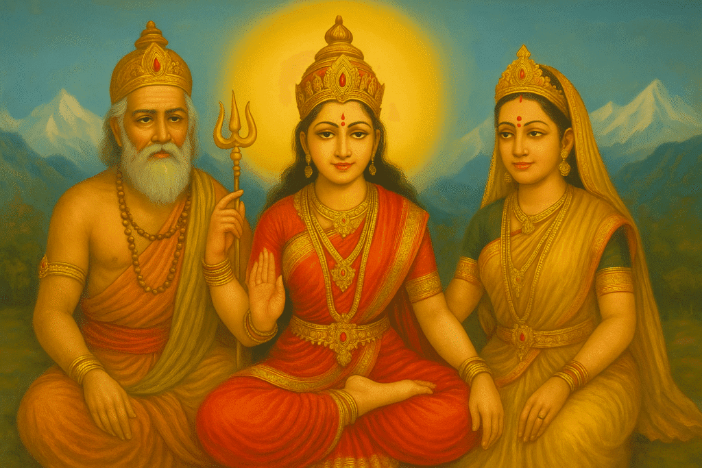 Mata Parvati: Janm, Jeevan aur Unki Adbhut Kathayen – Ek Poorn Kahani 4 Mata Parvati sitting between her parents, Himalaya Raja and Maina Devi, in a divine mountain background