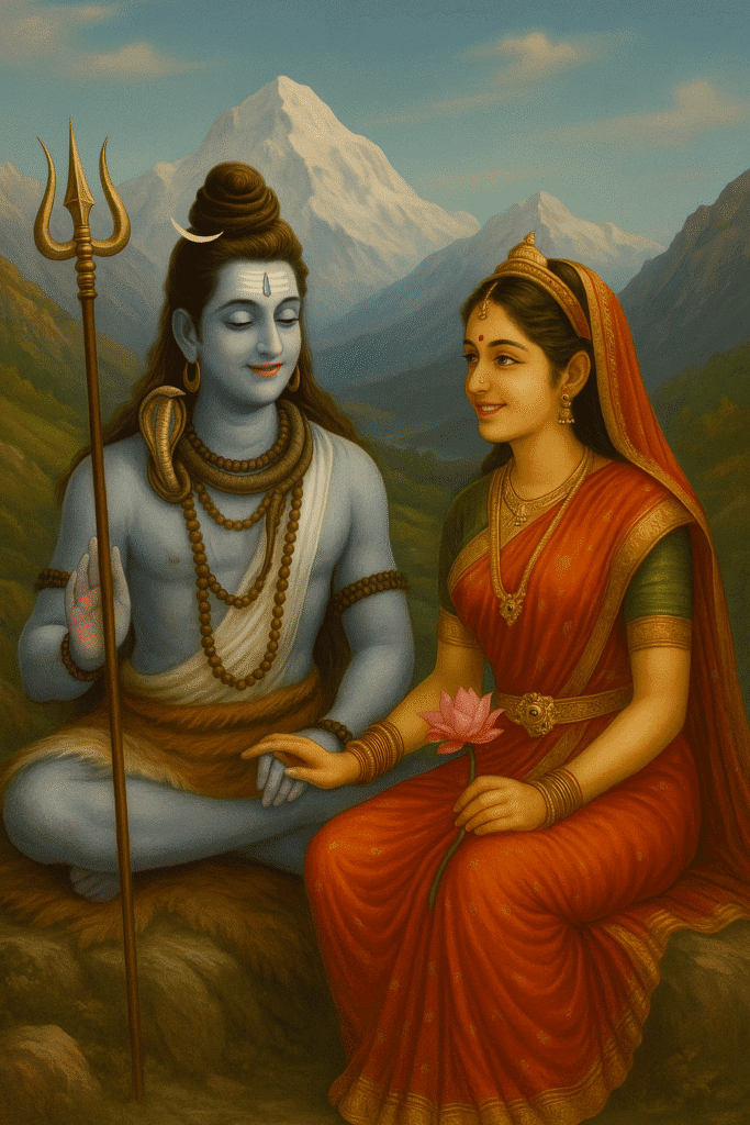 Mata Parvati: Janm, Jeevan aur Unki Adbhut Kathayen – Ek Poorn Kahani 7 Lord Shiva and Goddess Parvati sitting together in the Himalayas, sharing a divine moment of love and connection as Parvati holds a pink lotus flower