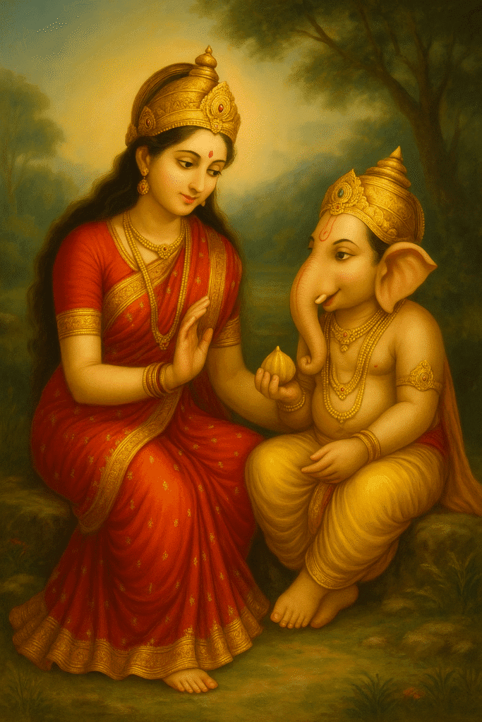 Mata Parvati: Janm, Jeevan aur Unki Adbhut Kathayen – Ek Poorn Kahani 8 Mata Parvati lovingly blessing Lord Ganesha, who is offering a modak, symbolizing divine affection between mother and son in a serene forest setting