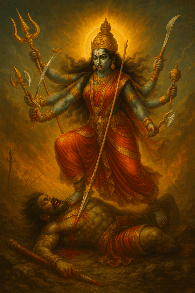 Mata Parvati: Janm, Jeevan aur Unki Adbhut Kathayen – Ek Poorn Kahani 11 Goddess Durga in Kali form slaying demon with multiple weapons, representing power and protection.