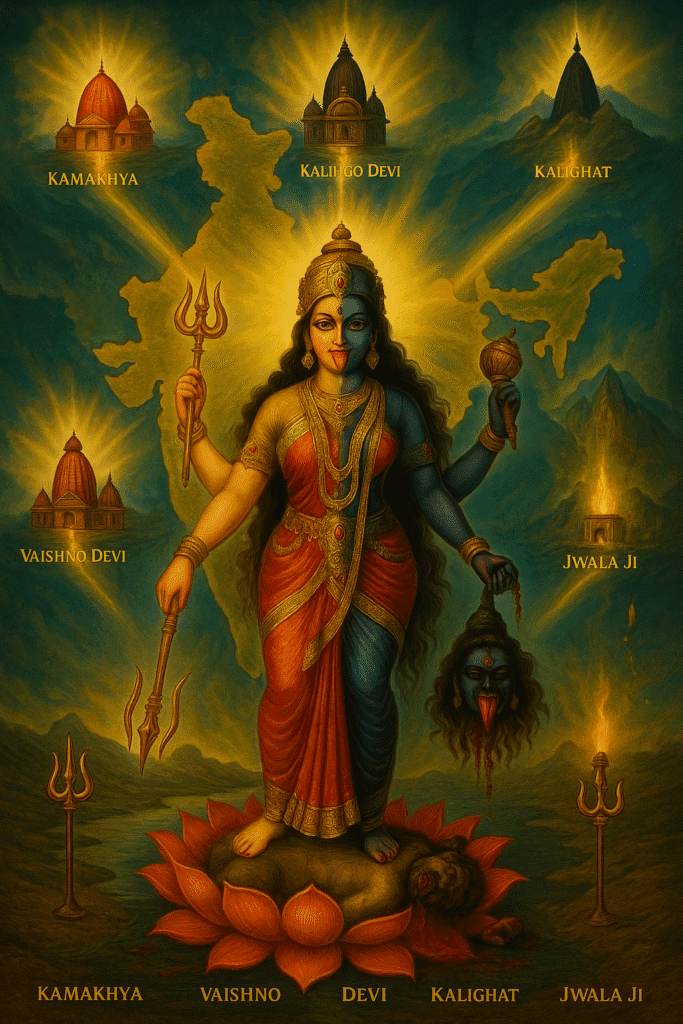 Mata Parvati: Janm, Jeevan aur Unki Adbhut Kathayen – Ek Poorn Kahani 12 Goddess Kali standing on a lotus over a demon, holding a severed head and trident, with symbolic map of India highlighting famous Shakti Peeth temples — Kamakhya, Vaishno Devi, Kalighat, Jwala Ji, and Kalingo Devi.