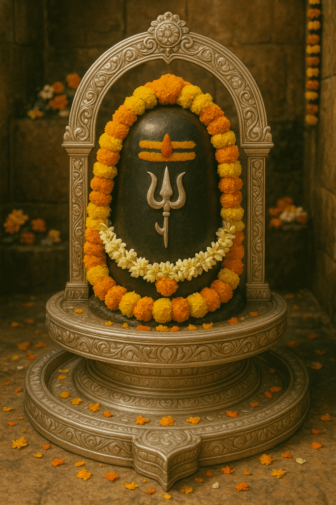 Omkareshwar Jyotirling: Narmada Tat Par Basi Shiv Ki Om Roopi Leela 5 Decorated Shivling with trishul symbol adorned with yellow and orange marigold flower garlands, placed on a carved stone pedestal inside a temple sanctum.## Omkareshwar Temple History: Ek Drishtikon