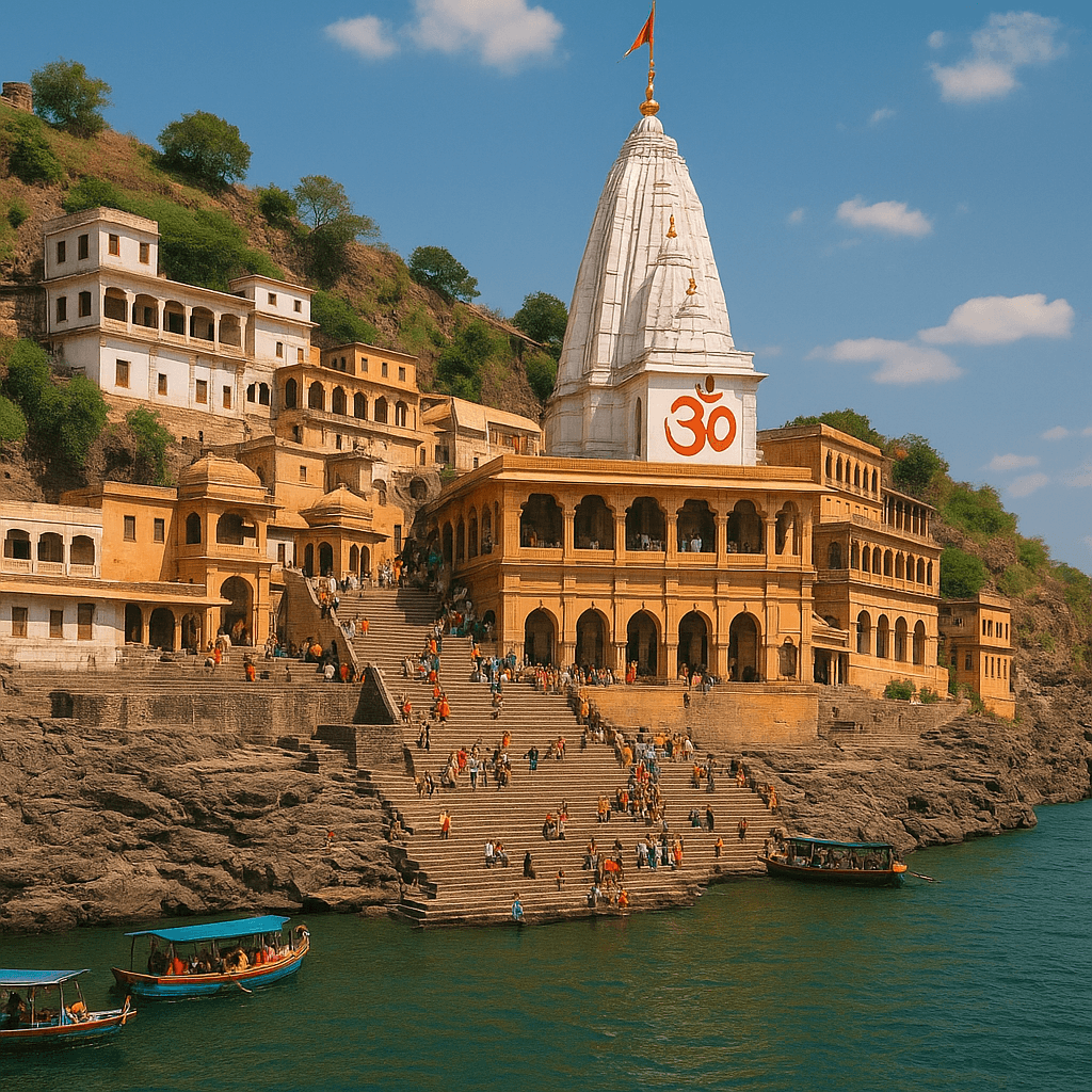 Omkareshwar Jyotirling: Narmada Tat Par Basi Shiv Ki Om Roopi Leela 1 Omkareshwar Jyotirling temple front view with white spire and large Om symbol, located on the banks of the Narmada River with devotees on the steps and boats in water.