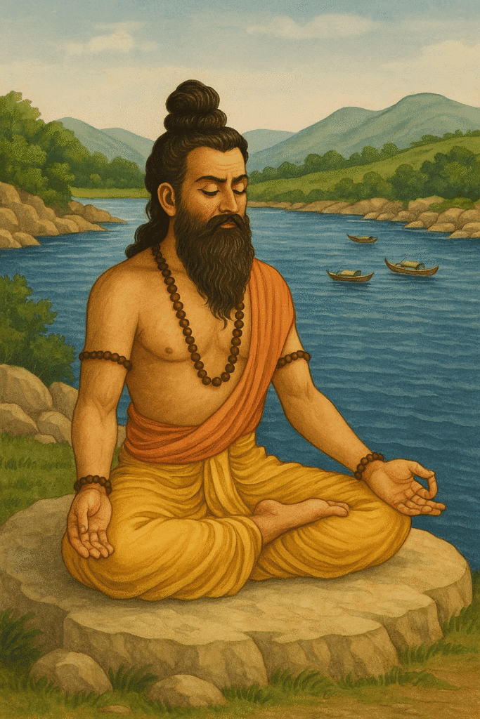 Omkareshwar Jyotirling: Narmada Tat Par Basi Shiv Ki Om Roopi Leela 2 A Hindu sage meditating in lotus position on a rock near the Narmada River, surrounded by hills, greenery, and wooden boats floating in the water."Omkareshwar Jyotirling"