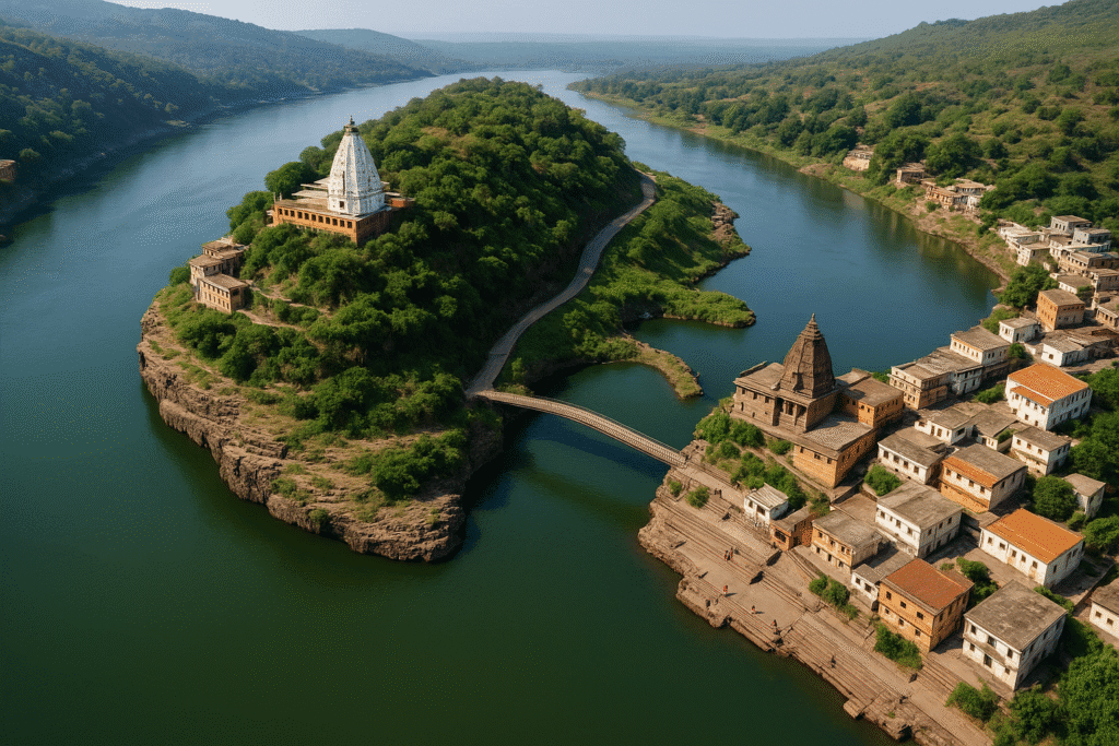 Omkareshwar Jyotirling: Narmada Tat Par Basi Shiv Ki Om Roopi Leela 3 Aerial view of Omkareshwar Island shaped like the Om symbol, showing the Omkareshwar and Mamleshwar temples surrounded by the Narmada River and lush greenery.Omkareshwar Jyotirling