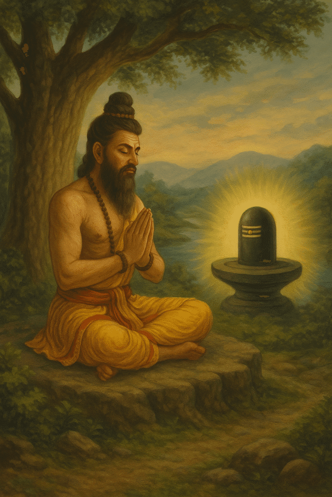 Omkareshwar Jyotirling: Narmada Tat Par Basi Shiv Ki Om Roopi Leela 4 A Hindu sage performing deep meditation in front of a glowing Shivling under a tree, with folded hands, set in a peaceful forest landscape at sunset.