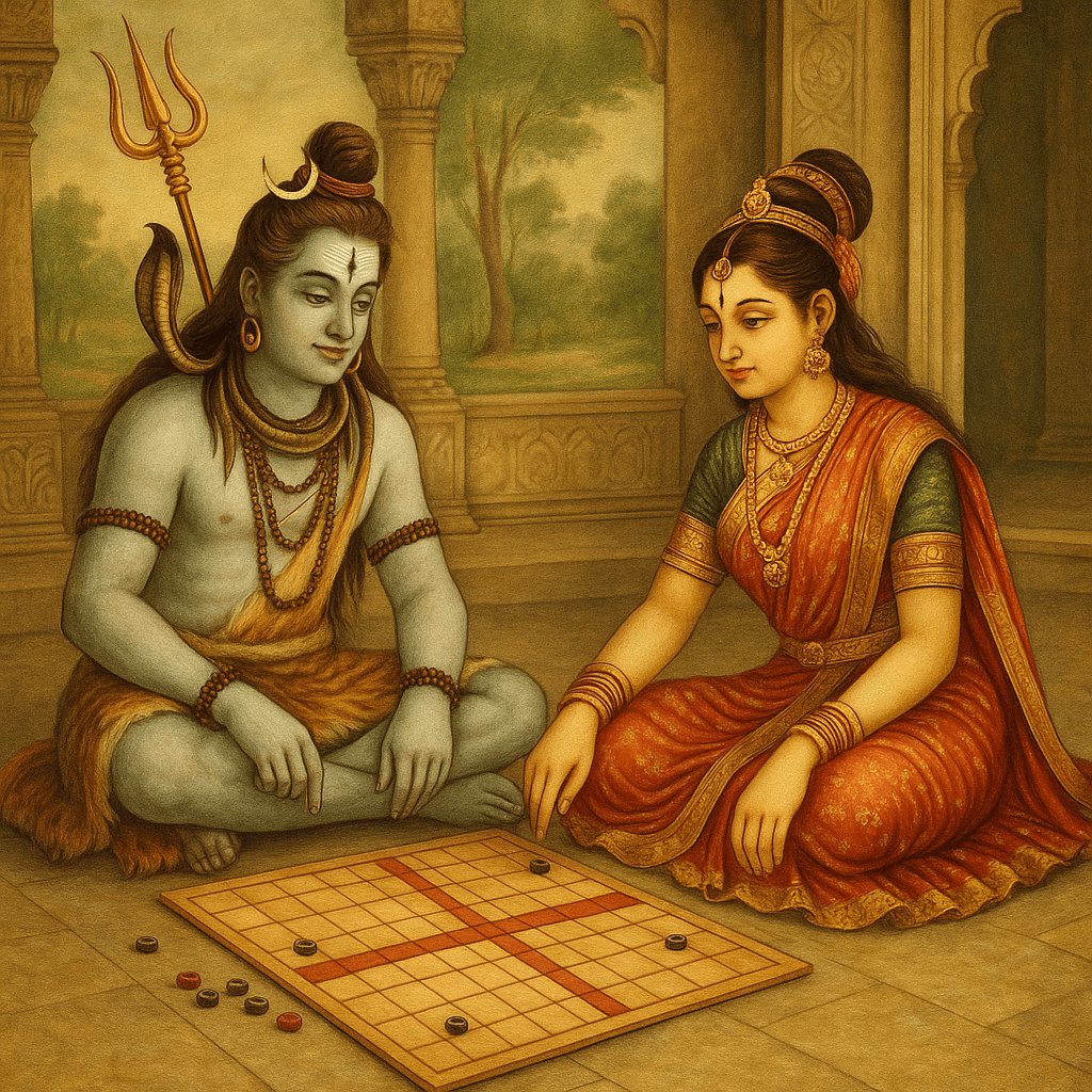 Omkareshwar Jyotirling: Narmada Tat Par Basi Shiv Ki Om Roopi Leela 6 Traditional painting of Lord Shiva and Goddess Parvati playing the ancient Indian board game Chaupar inside a temple, symbolizing divine leisure and marital harmony.