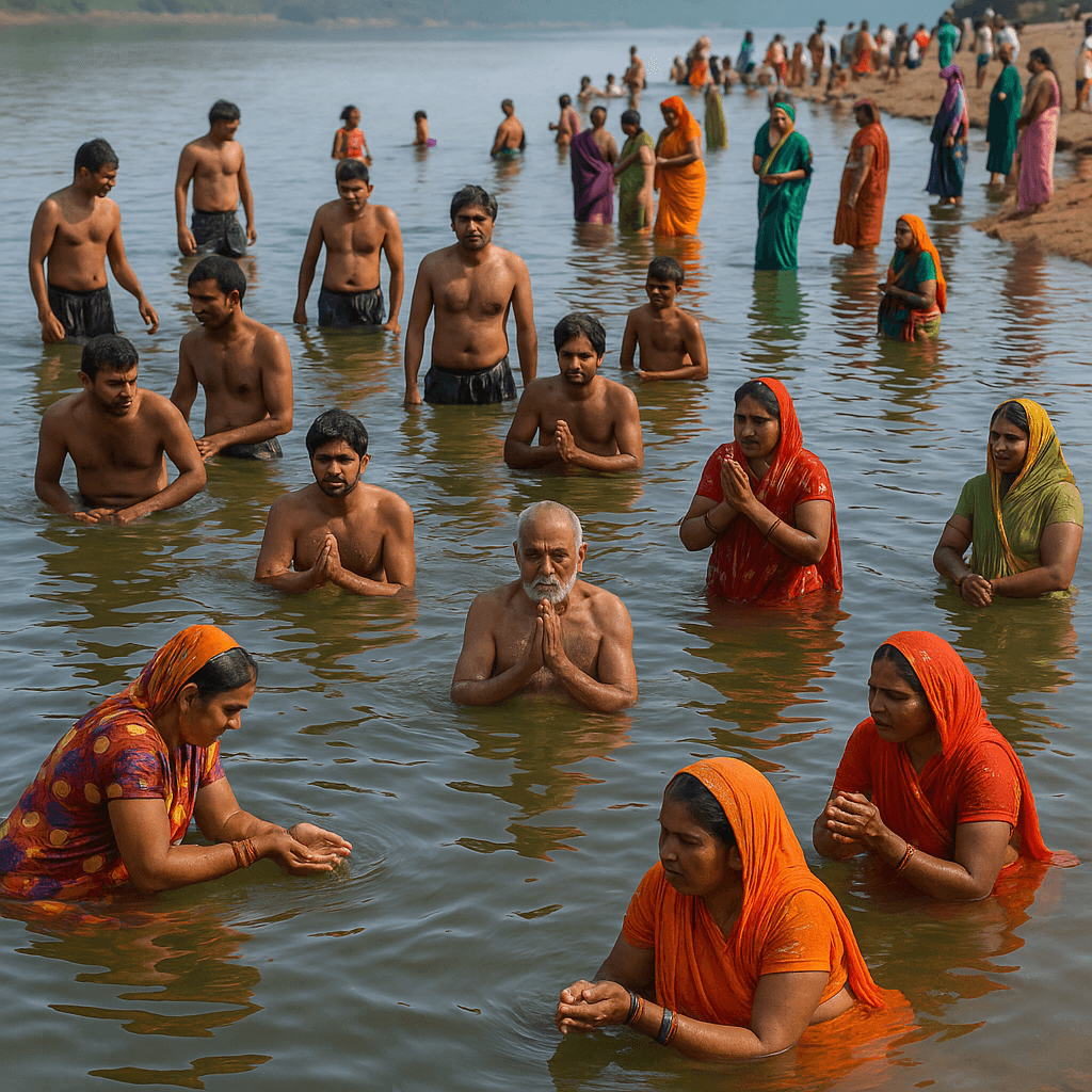 Omkareshwar Jyotirling: Narmada Tat Par Basi Shiv Ki Om Roopi Leela 8 Devotees bathing in the Narmada River during a spiritual ritual, with men and women offering prayers in the holy water, surrounded by a serene riverside crowd.