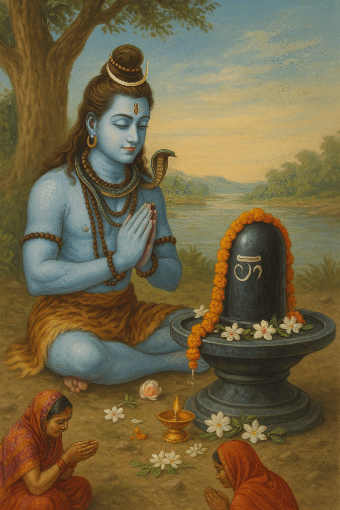 Omkareshwar Jyotirling: Narmada Tat Par Basi Shiv Ki Om Roopi Leela 9 Lord Shiva sitting under a tree with folded hands in front of a decorated Shivling, surrounded by flowers, diya, and female devotees offering prayers.