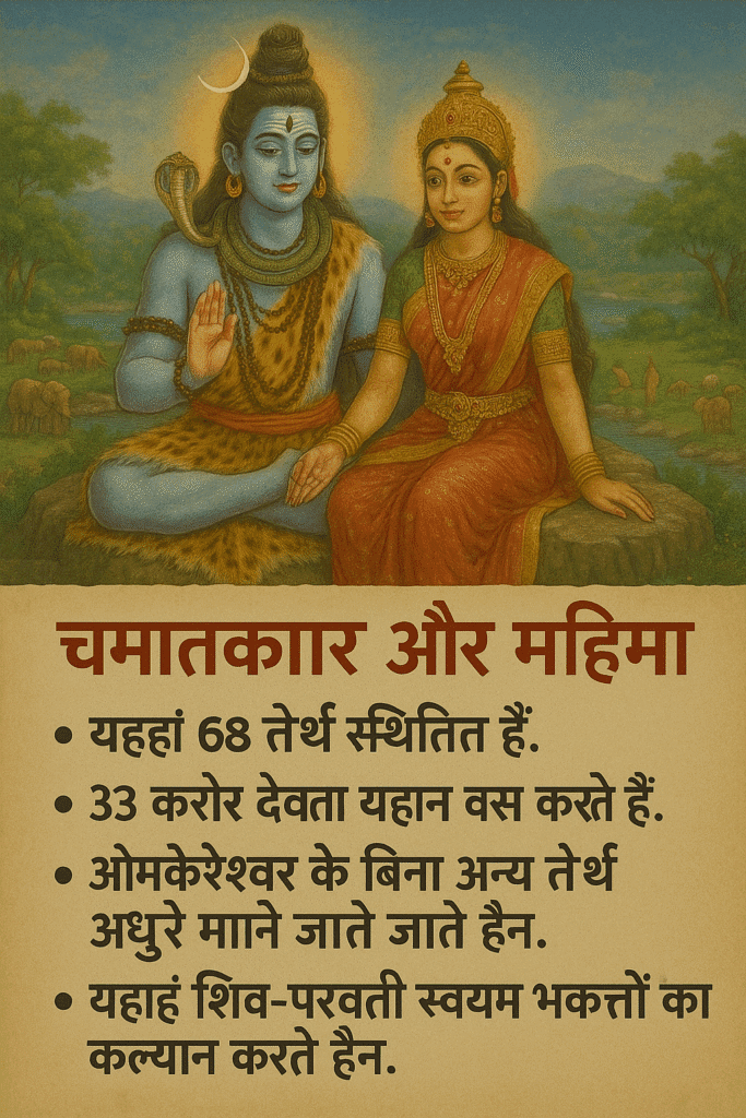 Omkareshwar Jyotirling: Narmada Tat Par Basi Shiv Ki Om Roopi Leela 10 Illustration of Lord Shiva and Goddess Parvati seated together in a forest landscape with a divine aura, alongside Hindi text explaining the miracles and significance of Omkareshwar.