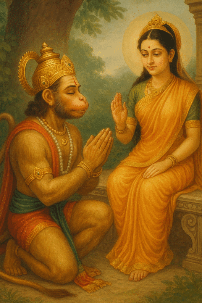 Sita Mata Ka Itihaas – Janam, Vivah, Agni pariksha Or Antim Samadhi 4 Hanuman Ji with folded hands receiving blessings from Sita Mata in Ashok Vatika, symbolizing pure devotion and divine respect.