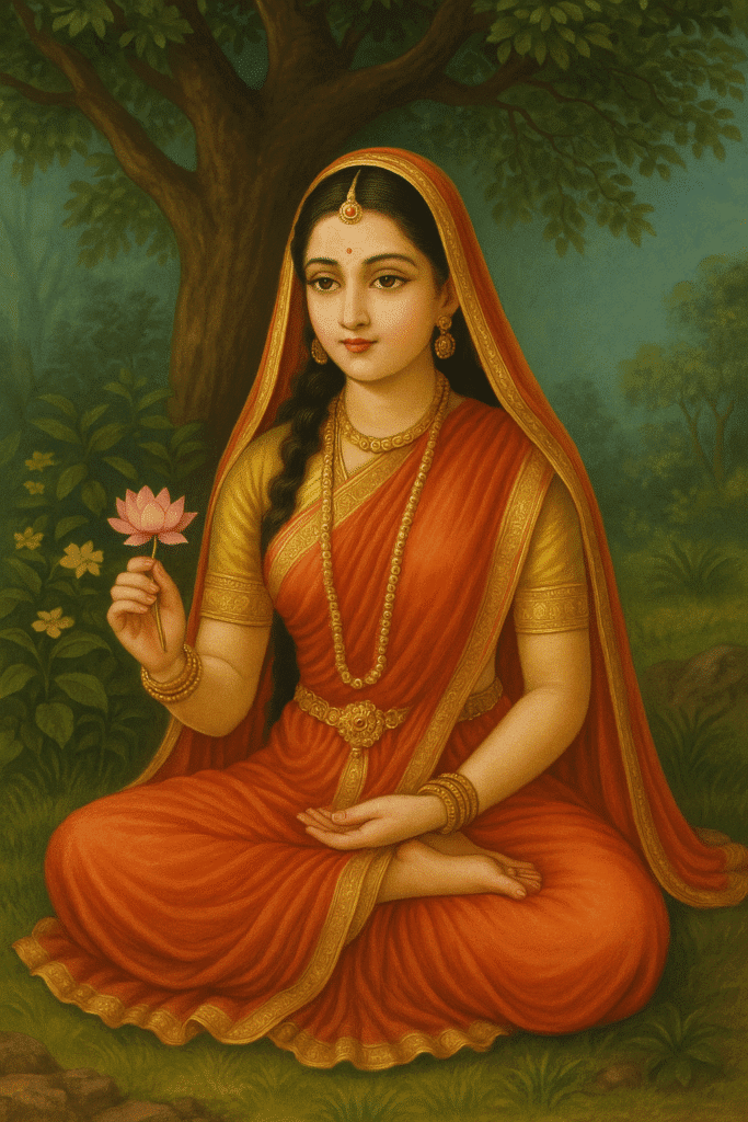 Sita Mata Ka Itihaas – Janam, Vivah, Agni pariksha Or Antim Samadhi 1 Sita Mata sitting peacefully under a tree, holding a pink lotus flower in her hand, dressed in traditional red and gold saree with divine serenity on her face.Sita Mata ka Jeevan ke pramukh drishya ka chitr