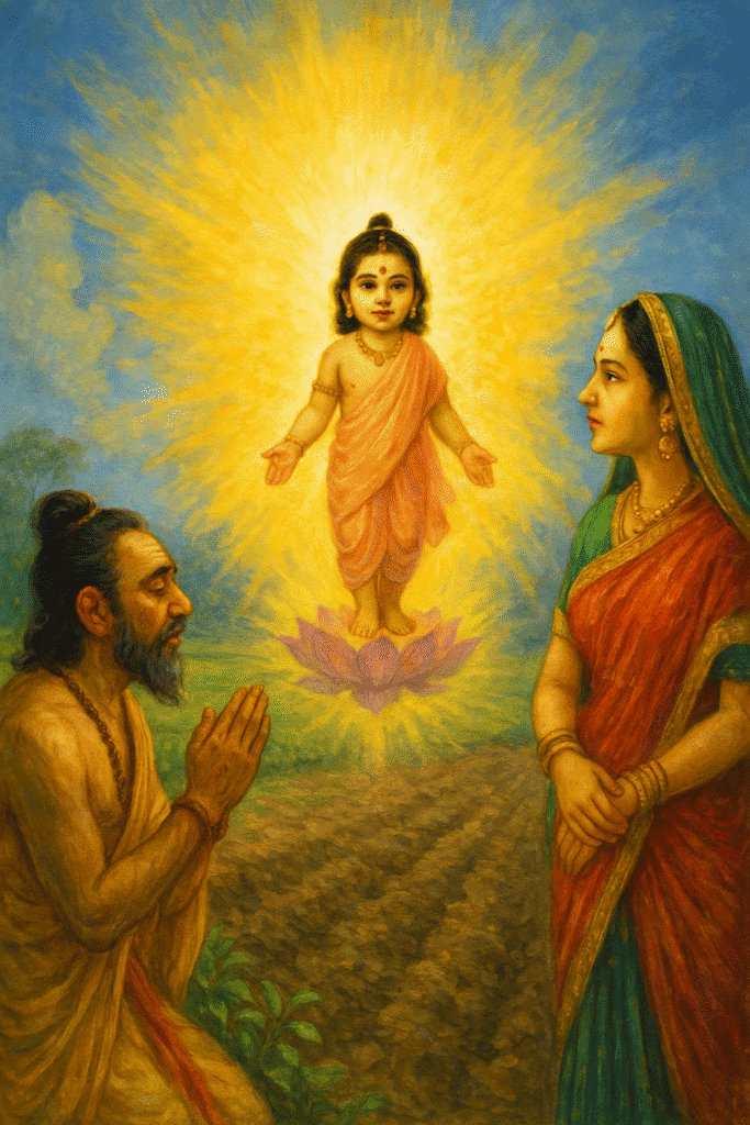Sita Mata Ka Itihaas – Janam, Vivah, Agni pariksha Or Antim Samadhi 2 Divine depiction of Sita Mata's miraculous birth — a glowing child form of Sita rising from a lotus, with King Janak praying and Queen Sunayana watching with devotion in a sacred field.