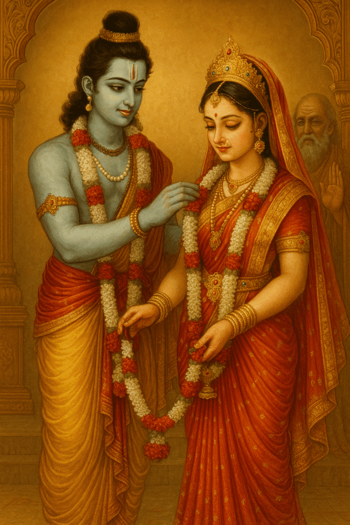 Sita Mata Ka Itihaas – Janam, Vivah, Agni pariksha Or Antim Samadhi 3 Bhagwan Ram placing a varmala (garland) around Sita Mata’s neck during their divine wedding ceremony, both dressed in royal attire, with blessings from sages in the background.sita ram