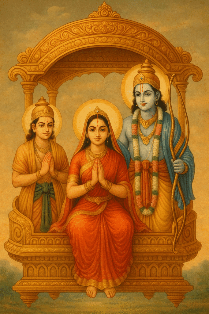 Sita Mata Ka Itihaas – Janam, Vivah, Agni pariksha Or Antim Samadhi 5 Lord Ram, Sita Mata, and Lakshman seated together in the Pushpak Vimaan returning to Ayodhya after victory over Ravan.