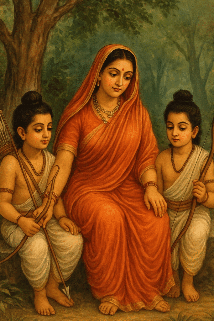 Sita Mata Ka Itihaas – Janam, Vivah, Agni pariksha Or Antim Samadhi 6 Sita Mata sitting lovingly between her sons Lav and Kush, guiding them in the forest with motherly affection and calm expressions.