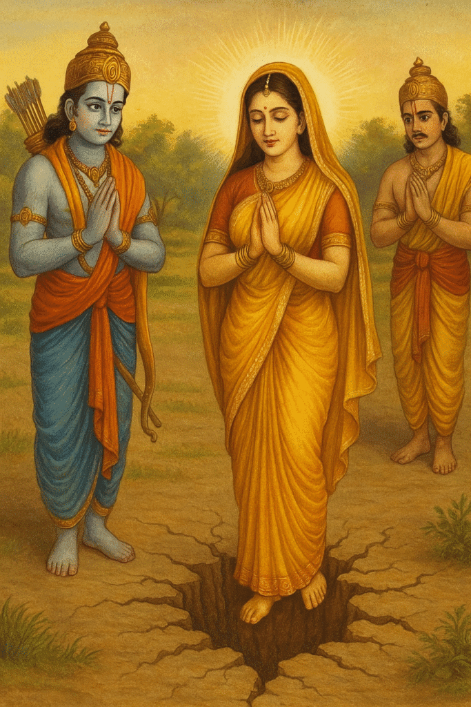Sita Mata Ka Itihaas – Janam, Vivah, Agni pariksha Or Antim Samadhi 7 Sita Mata standing with folded hands, merging into the earth (Patal) as Ram and Lakshman watch with folded hands — a moment of divine farewell.