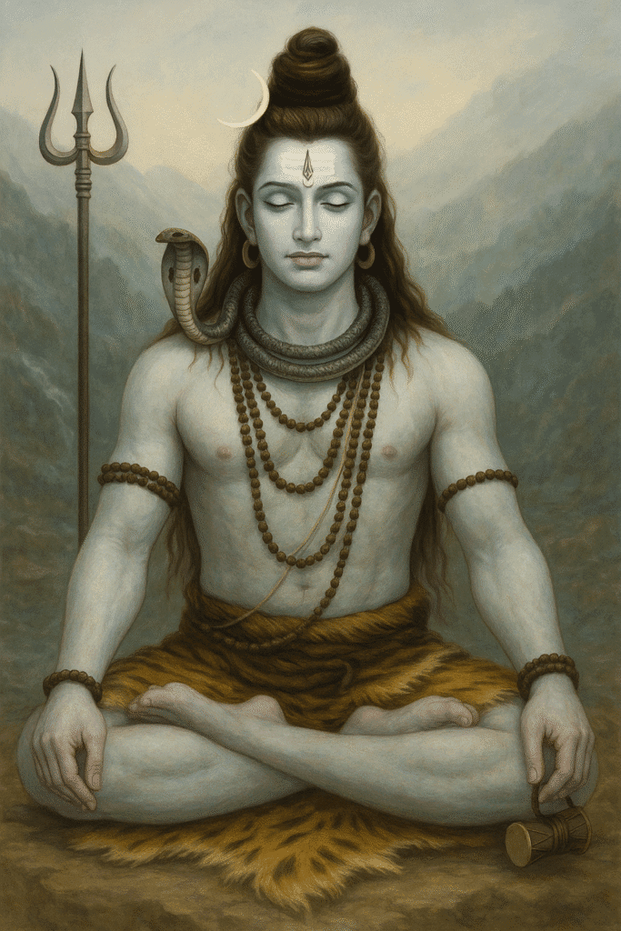 Bhagwan Shiv Ji Ka Adbhut Itihaas 1 Shiv ji meditating peacefully in the Himalayas with trishul, damru, snake and crescent moon on his head.Lord Shiva Story in Hindi