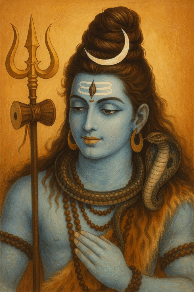 Bhagwan Shiv Ji Ka Adbhut Itihaas 2 Divine portrait of Lord Shiva with blue skin, crescent moon, trishul and serpent on shoulders.
