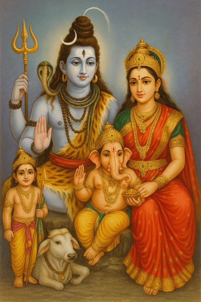 Bhagwan Shiv Ji Ka Adbhut Itihaas 4 Lord Shiva with family – Parvati, Ganesha, Kartikeya and Nandi in a traditional Hindu family setting.