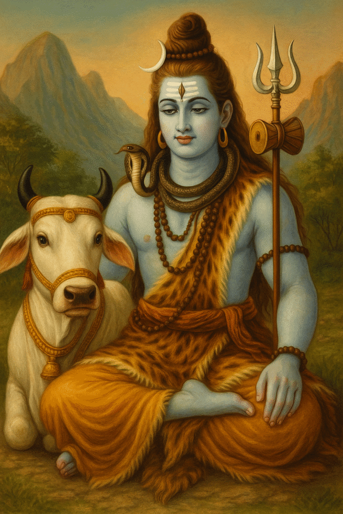Bhagwan Shiv Ji Ka Adbhut Itihaas 7 Bhagwan Shiv Nandi ke saath baithkar shant swaroop mein – gale mein naag, haath mein trishul aur mastak par tripund.