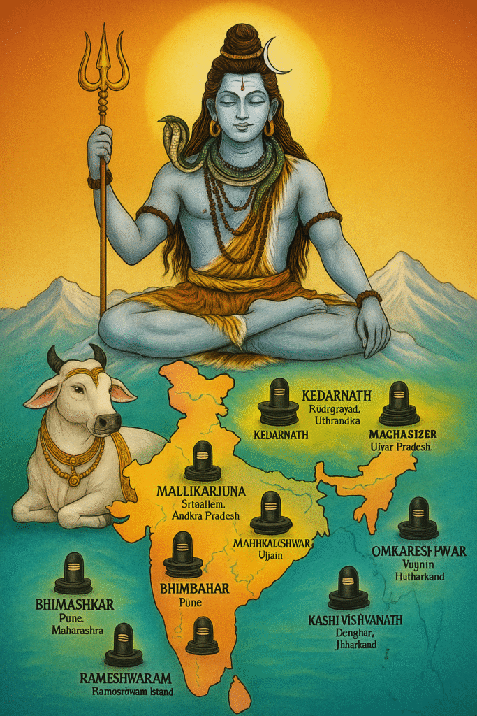 Bhagwan Shiv Ji Ka Adbhut Itihaas 5 Map of India with locations of 12 Jyotirlingas and Lord Shiva seated with Nandi in the background.
