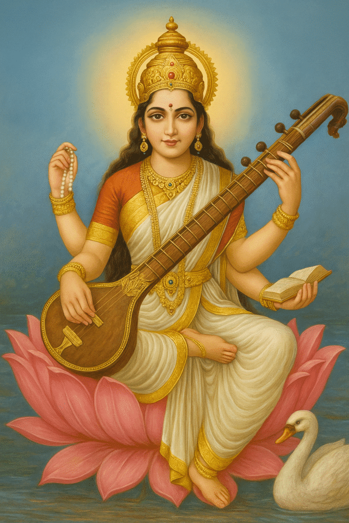 “Mata Saraswati Ki Janm Kahani, Vahan, Mantra, Shraap Aur Chamatkar – Gyaan Aur Kala Ki Devi Ka Pura Itihaas” 1 “Goddess Saraswati with golden crown, veena in hand, holding book and rosary, seated on lotus with swan, representing knowledge and purity.”Mata Saraswati Ki Pooja ke samay diya aur pushp ke saath murti