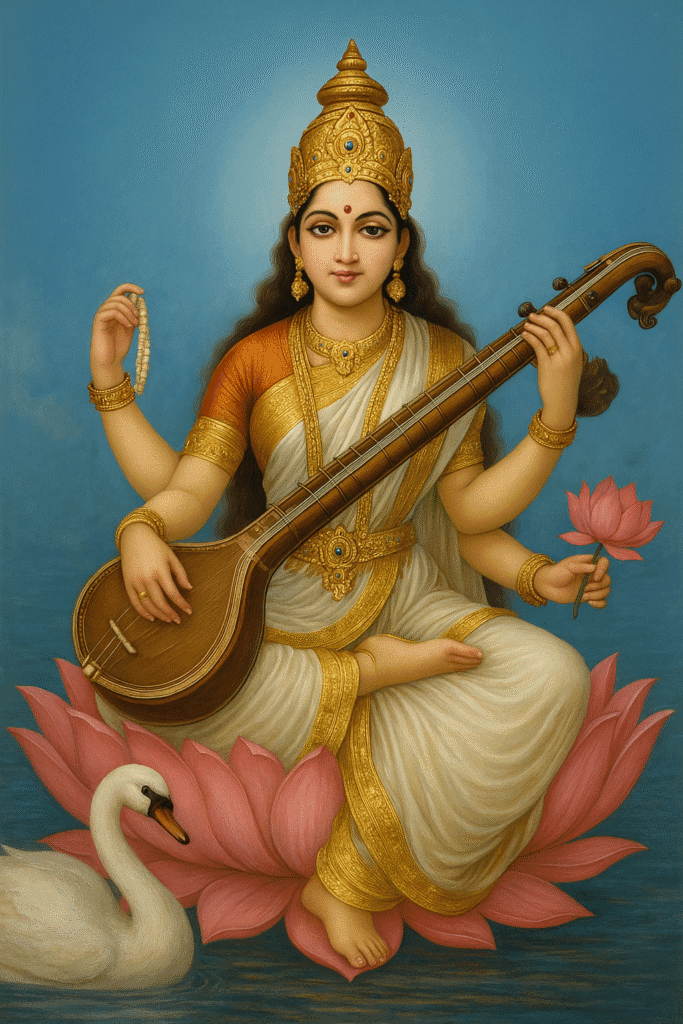 “Mata Saraswati Ki Janm Kahani, Vahan, Mantra, Shraap Aur Chamatkar – Gyaan Aur Kala Ki Devi Ka Pura Itihaas” 2 “Traditional painting of Goddess Saraswati seated on a pink lotus, holding a veena, lotus flower, rosary, and book, with a white swan beside her.”