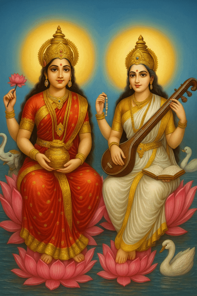 “Mata Saraswati Ki Janm Kahani, Vahan, Mantra, Shraap Aur Chamatkar – Gyaan Aur Kala Ki Devi Ka Pura Itihaas” 4 “Divine illustration of Goddess Lakshmi and Goddess Saraswati seated together on lotuses, Lakshmi with pot and lotus, Saraswati with veena and book, swans around.”