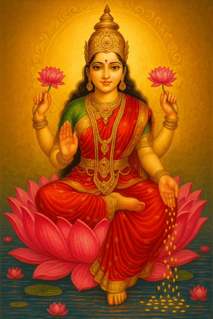Mata Lakshmi Ki Kahani – Janam Se Le Kar Rakshas Vadh Tak 1 "Goddess Lakshmi seated gracefully on a pink lotus flower, wearing a red and green saree with golden jewelry, holding lotus flowers in two hands while gold coins flow from her palm into a serene water body, symbolizing wealth, prosperity, and divine blessings."Mata Lakshmi Ki Kahani