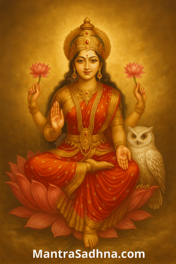 Mata Lakshmi Ki Kahani – Janam Se Le Kar Rakshas Vadh Tak 2 "Goddess Lakshmi seated on a pink lotus flower, adorned in a red and golden saree with elaborate jewelry, holding lotus flowers in both hands and accompanied by her sacred owl vahana, with a glowing golden aura and the text 'MantraSadhna.com' at the bottom."