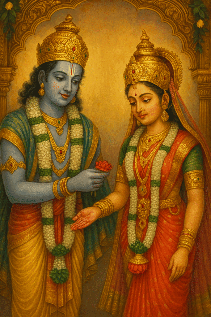 Mata Lakshmi Ki Kahani – Janam Se Le Kar Rakshas Vadh Tak 3 "Divine depiction of Lord Vishnu and Goddess Lakshmi in traditional wedding attire, adorned with flower garlands and golden crowns, exchanging a lotus flower with a serene and graceful expression."