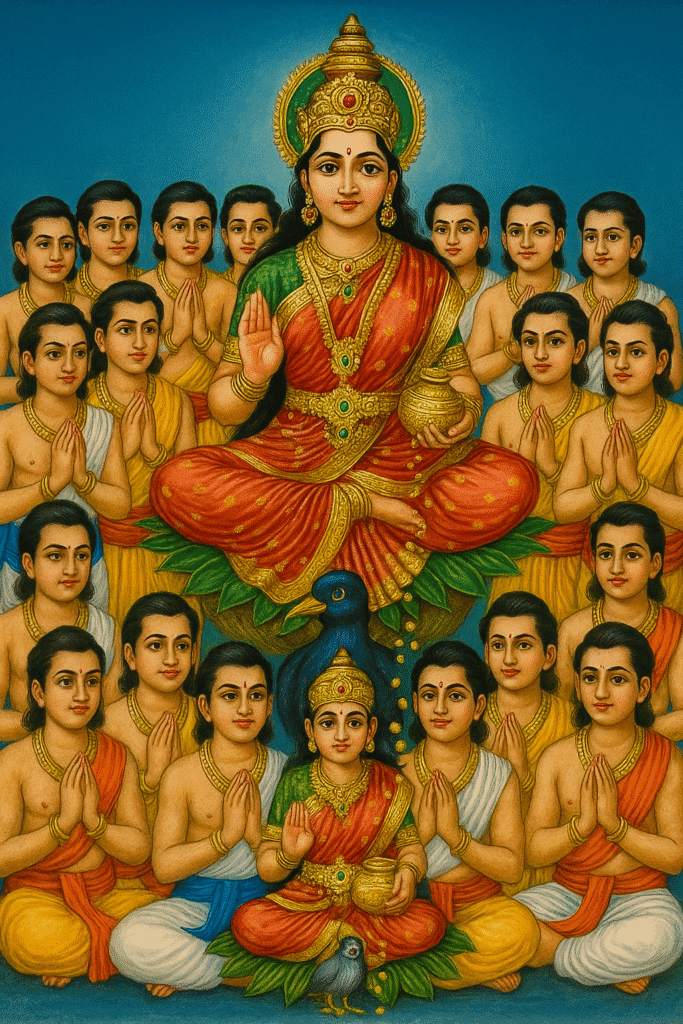 Mata Lakshmi Ki Kahani – Janam Se Le Kar Rakshas Vadh Tak 4 A colorful painting featuring Goddess Lakshmi seated on a lotus, surrounded by male disciples. Lakshmi wears a red and green sari, with one hand in a blessing gesture and the other holding a golden pot. She has an elaborate crown and jewelry, and a glowing halo behind her. A smaller deity figure resembling Lakshmi is seated below her on a peacock. Numerous male disciples in various colored robes are seated around both deities in prayer. The background is a solid blue.