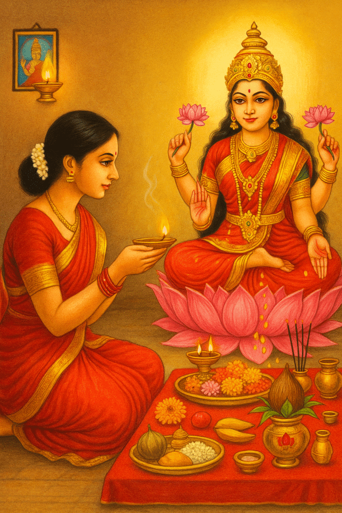 Mata Lakshmi Ki Kahani – Janam Se Le Kar Rakshas Vadh Tak 7 The image depicts Lakshmi, seated on a lotus, being offered a lamp.