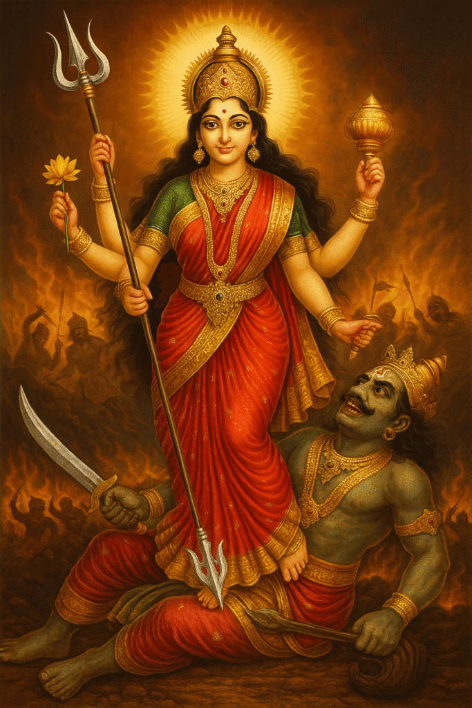 Mata Lakshmi Ki Kahani – Janam Se Le Kar Rakshas Vadh Tak 6 A vibrant painting of Goddess Durga, depicted with multiple arms, slaying the buffalo demon Mahishasura. Durga, adorned in a red and gold sari with elaborate jewelry and a crown, stands triumphantly over the green-skinned demon. She holds a trident piercing him, along with other weapons and a lotus in her many hands. A radiant halo glows behind her head. In the background, a dark and fiery battle scene with silhouetted figures adds to the dramatic intensity.