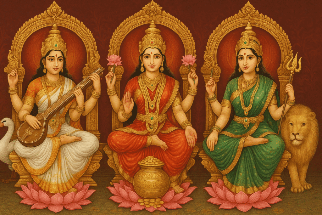 Mata Lakshmi Ki Kahani – Janam Se Le Kar Rakshas Vadh Tak 5 The image shows Goddess Lakshmi and Saraswati.