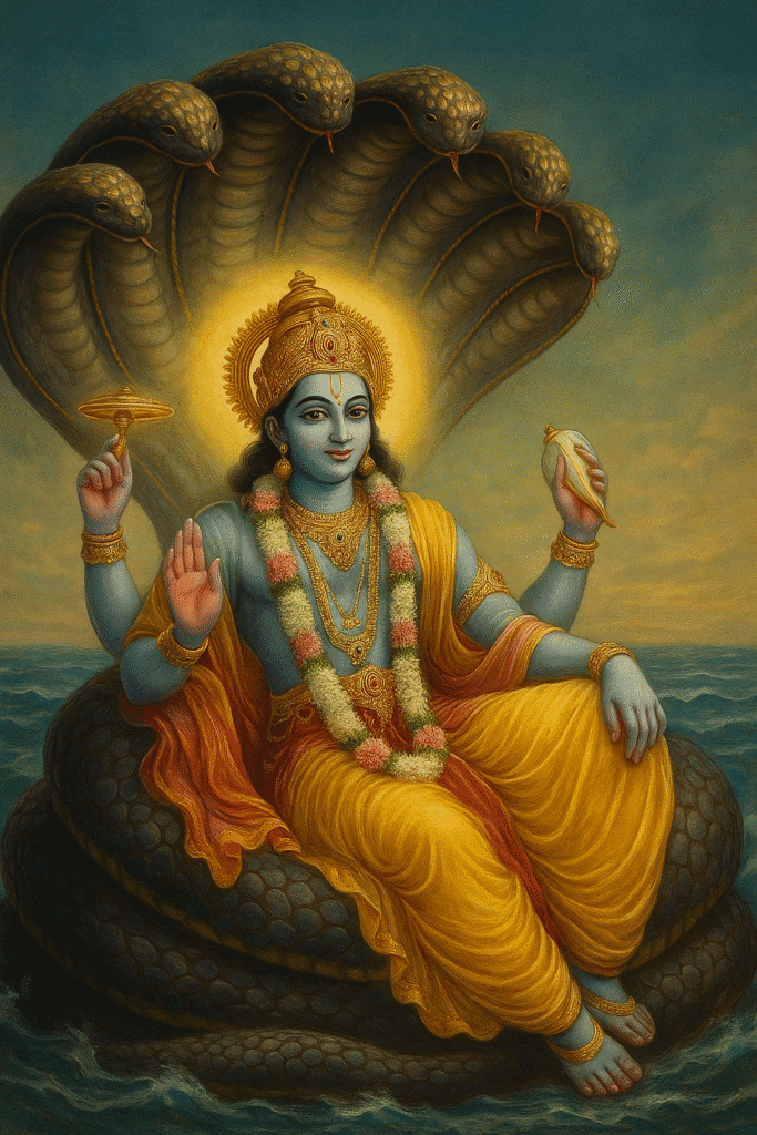 Bhagwan Vishnu Ka Janam, Vivaah, Avataar Aur Mandir: 25 Divya Rahasya Jo har Bhakt Ko Jaanna Chahiye 1 Vishnu bhagvan Sheshnaag ke phanon par ksheer sagar mein shayan karte hue, haath mein Sudarshan Chakra aur Shankh le kar, divya roop mein virajmaan hain — Hindu dharm ke palanhar ke roop mein."