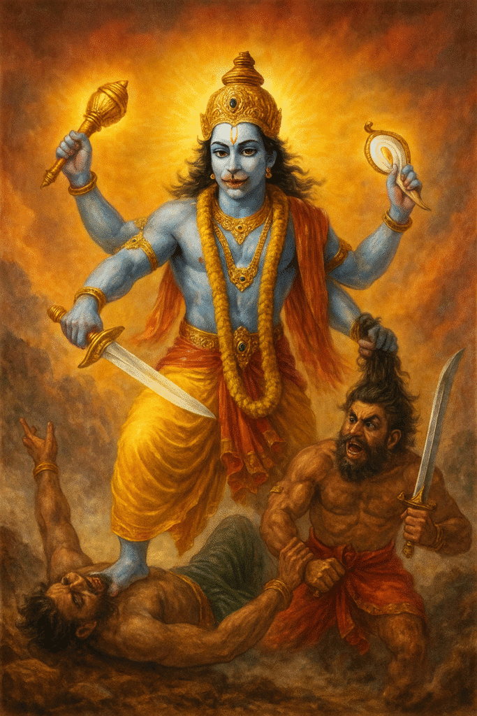 Bhagwan Vishnu Ka Janam, Vivaah, Avataar Aur Mandir: 25 Divya Rahasya Jo har Bhakt Ko Jaanna Chahiye 5 "Bhagwan Vishnu rakhshason ka vadh karte hue, haath mein talwar, gada, chakra aur shankh le kar, prakashmay roop mein prakat ho rahe hain — adharm ke vinash aur dharm ki raksha ka pratik."