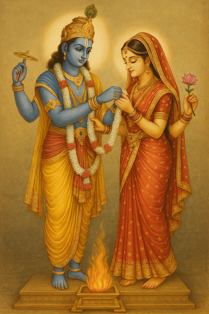 Bhagwan Vishnu Ka Janam, Vivaah, Avataar Aur Mandir: 25 Divya Rahasya Jo har Bhakt Ko Jaanna Chahiye 2 "Bhagwan Vishnu aur Mata Lakshmi ka divya vivaah, dono mala pehna rahe hain aur agni ke saamne shubh vivah sanskar ho raha hai — Hindu dharm ke pavitra sambandh ka pratik."