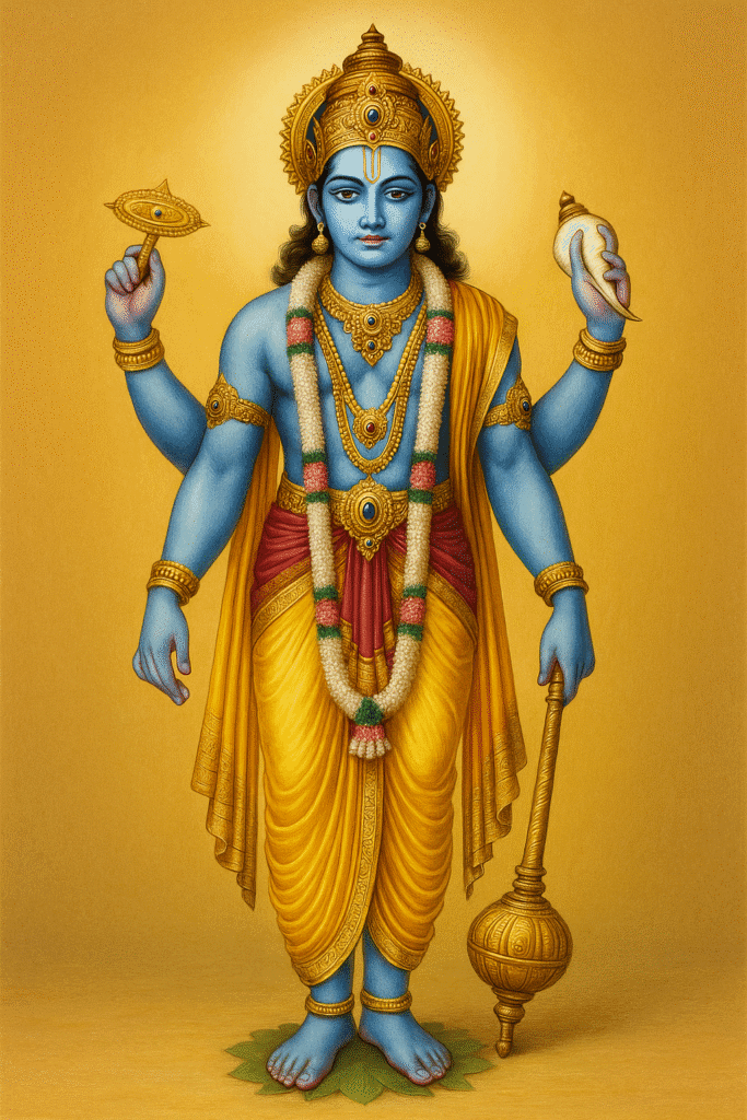 Bhagwan Vishnu Ka Janam, Vivaah, Avataar Aur Mandir: 25 Divya Rahasya Jo har Bhakt Ko Jaanna Chahiye 4 "Bhagwan Vishnu divya roop mein khade hain, haathon mein Sudarshan Chakra, Shankh, Gada aur Padma dharan kiye hue, peele vastra aur mukut mein shobhit — Hindu dharm ke palanhar ke roop mein."