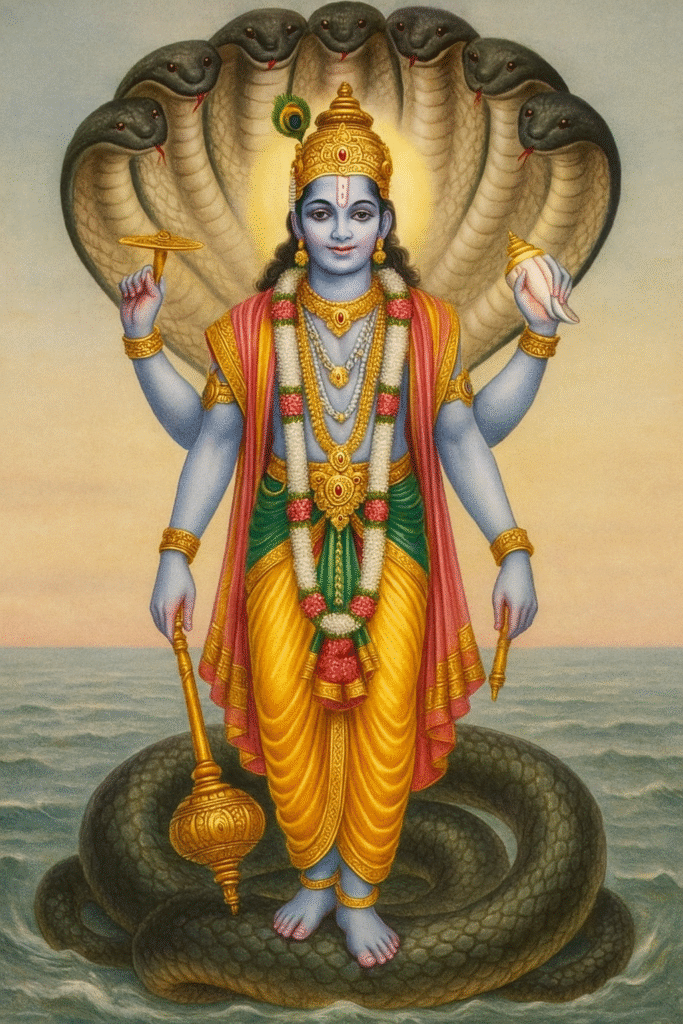 Bhagwan Vishnu Ka Janam, Vivaah, Avataar Aur Mandir: 25 Divya Rahasya Jo har Bhakt Ko Jaanna Chahiye 3 "Bhagwan Vishnu Sheshnaag ke upar khade hain, haathon mein Sudarshan Chakra, Shankh, Gada aur Padma dharan kiye hue — ksheer sagar ke upar divya roop mein virajmaan."