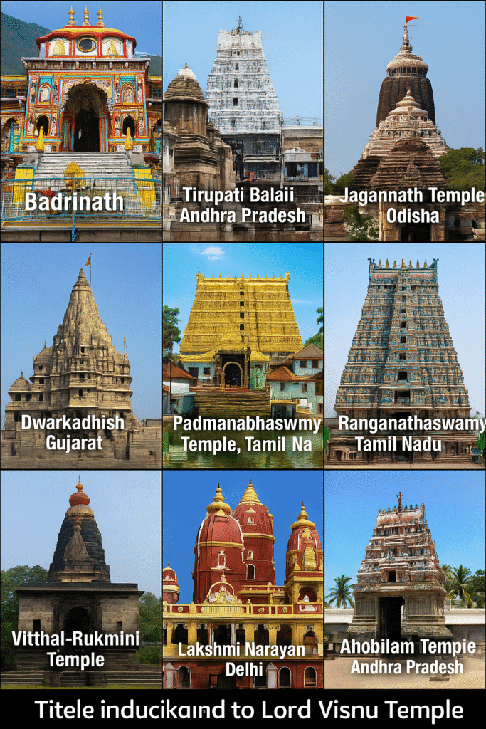 Bhagwan Vishnu Ka Janam, Vivaah, Avataar Aur Mandir: 25 Divya Rahasya Jo har Bhakt Ko Jaanna Chahiye 6 "Lord Vishnu ke 10 pramukh mandiron ka collage jisme Badrinath, Tirupati Balaji, Jagannath Puri, Dwarkadhish, Padmanabhaswamy, Ranganathaswamy, Vitthal-Rukmini, Lakshmi Narayan aur Ahobilam Temple dikhaye gaye hain — sabhi alag-alag states me sthit Vishnu ji ke pavitra sthal."