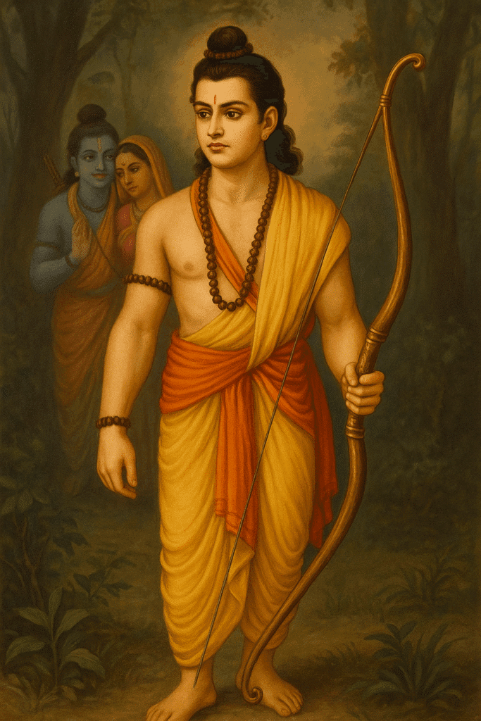 Lakshman Ji Ka Jeevan: Bhakti, Shakti Or Tyag Ki Misaal 1 Lakshman Ji holding a bow and leading Lord Ram and Mata Sita through the forest during vanvaas, embodying protection and devotion.