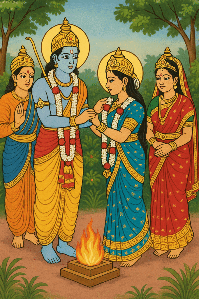 Lakshman Ji Ka Jeevan: Bhakti, Shakti Or Tyag Ki Misaal 3 Traditional wedding scene of Lakshman Ji and Urmila Ji with garland exchange, fire ritual, and presence of Ram and Sita in a divine forest ceremony.